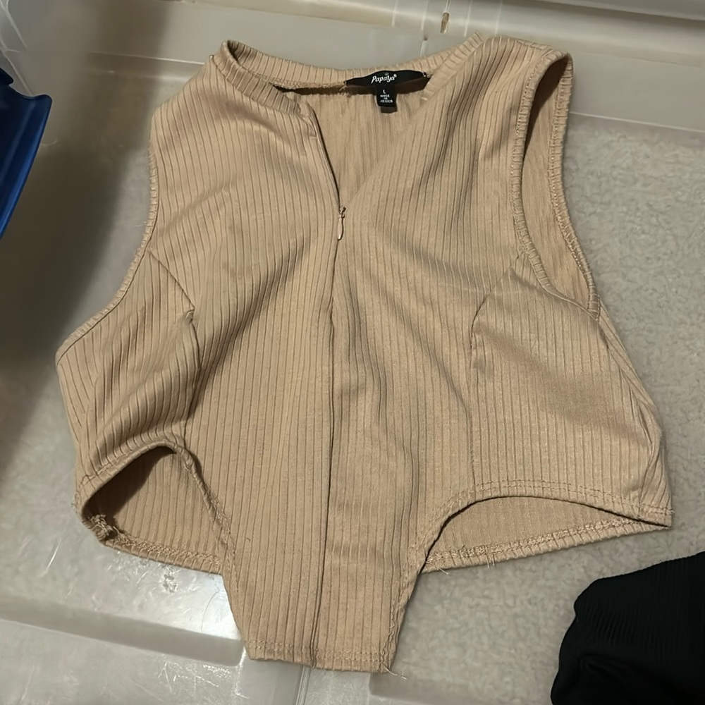 tan cropped shirt